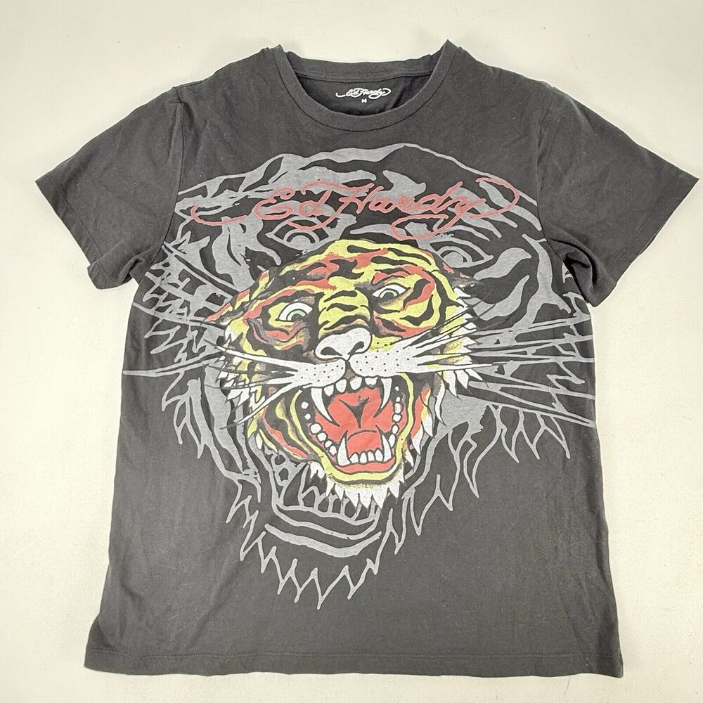 Ed Hardy Retro Double Tiger Face Tee Black T-Shirt Mens Medium